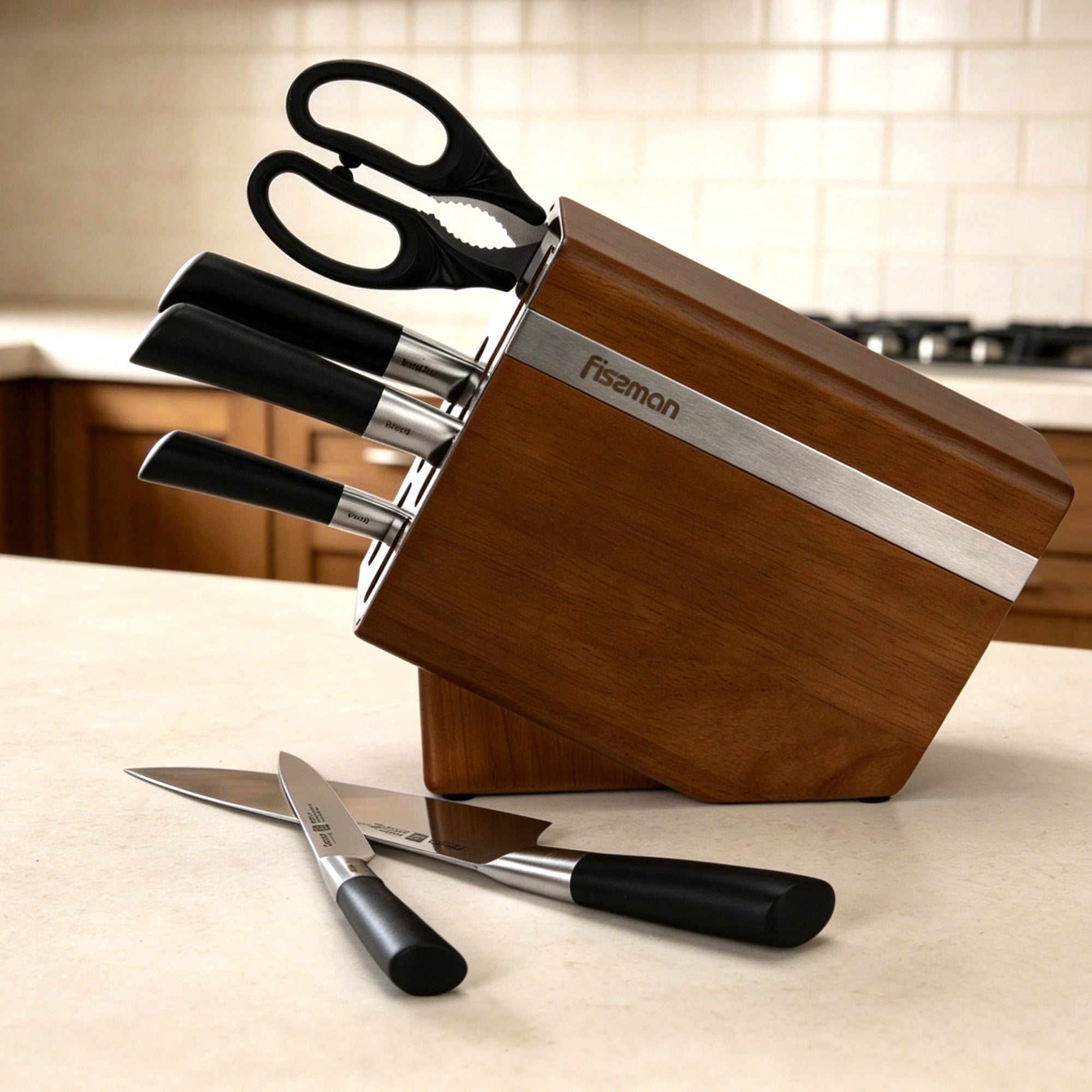 Set de 6 cuchillos Diletto + Tijeras y Base Madera Fissman